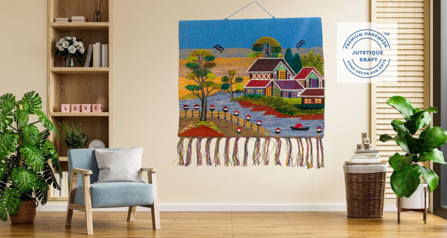 40x36 inch GI-Tagged Jute Wall Hanging showcasing an intricate handwoven village landscape scene by Jutetique Krafts