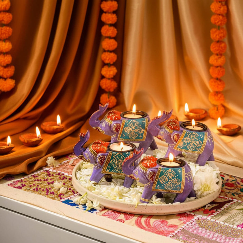 ystical purple artisanal wooden elephant candle stand and traditional table decor