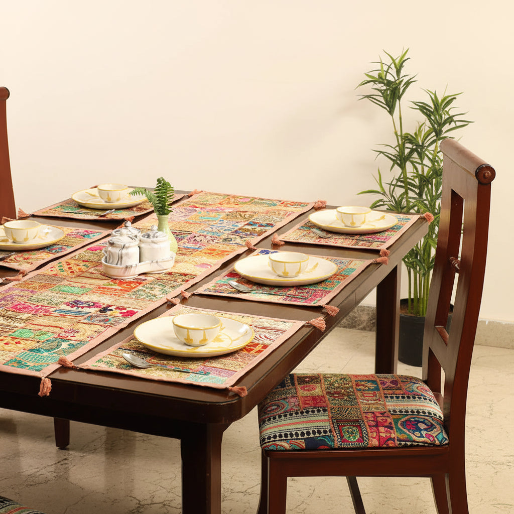 Neutral beige and cream tone handcrafted patchwork table linen set