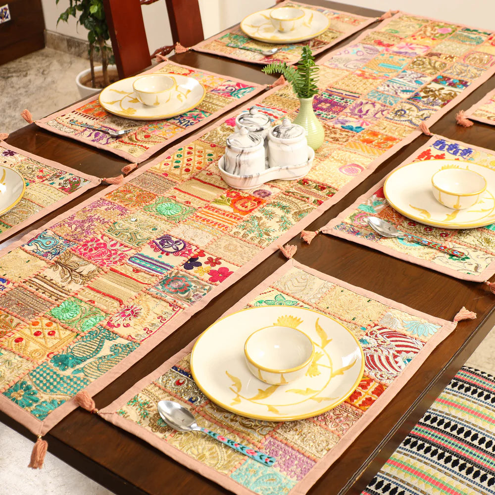 Neutral beige and cream tone handcrafted patchwork table linen set