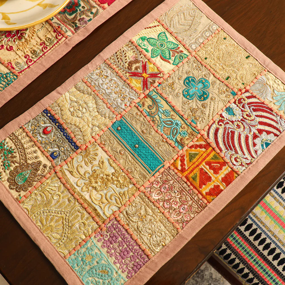 Neutral beige and cream tone handcrafted patchwork table linen set
