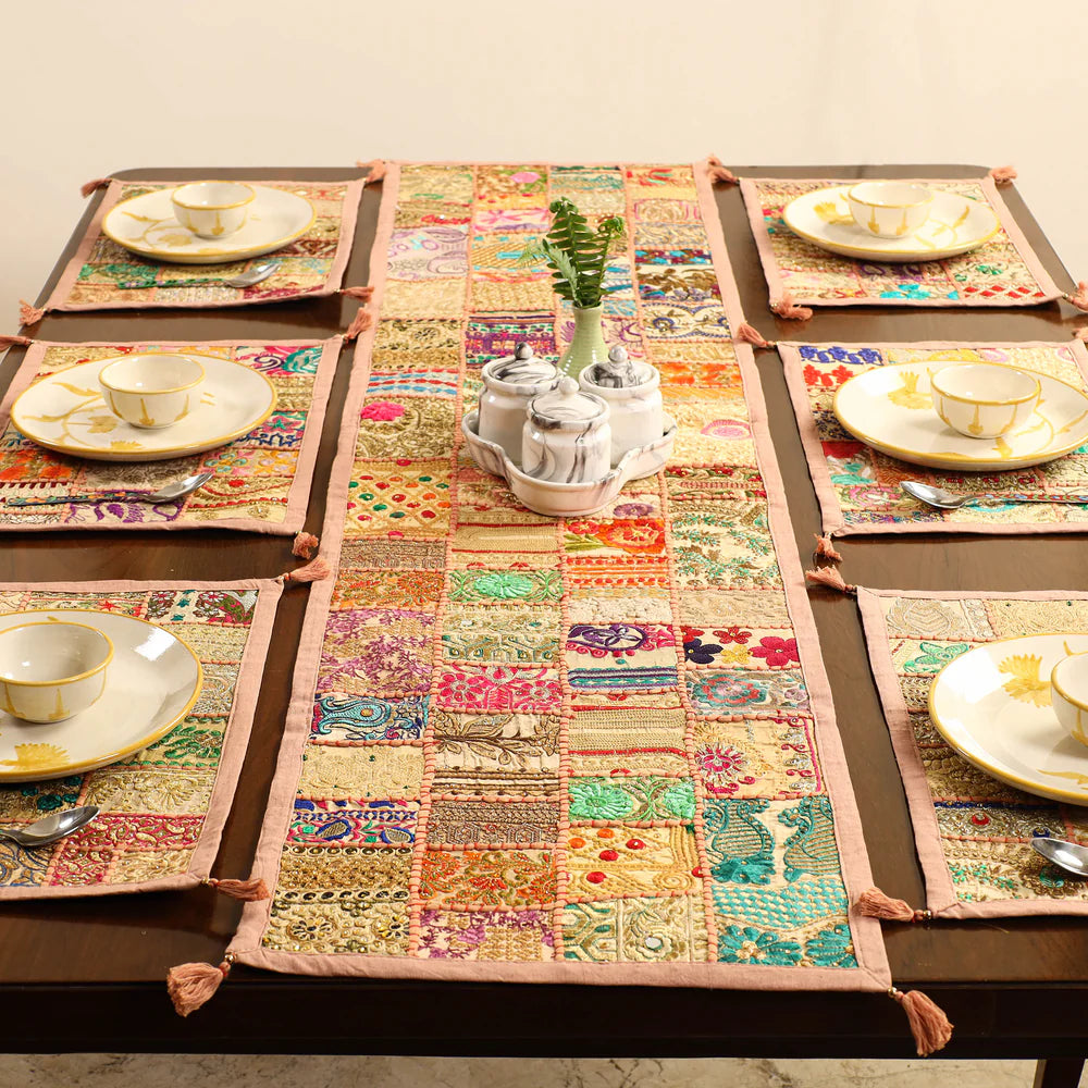 Neutral beige and cream tone handcrafted patchwork table linen set
