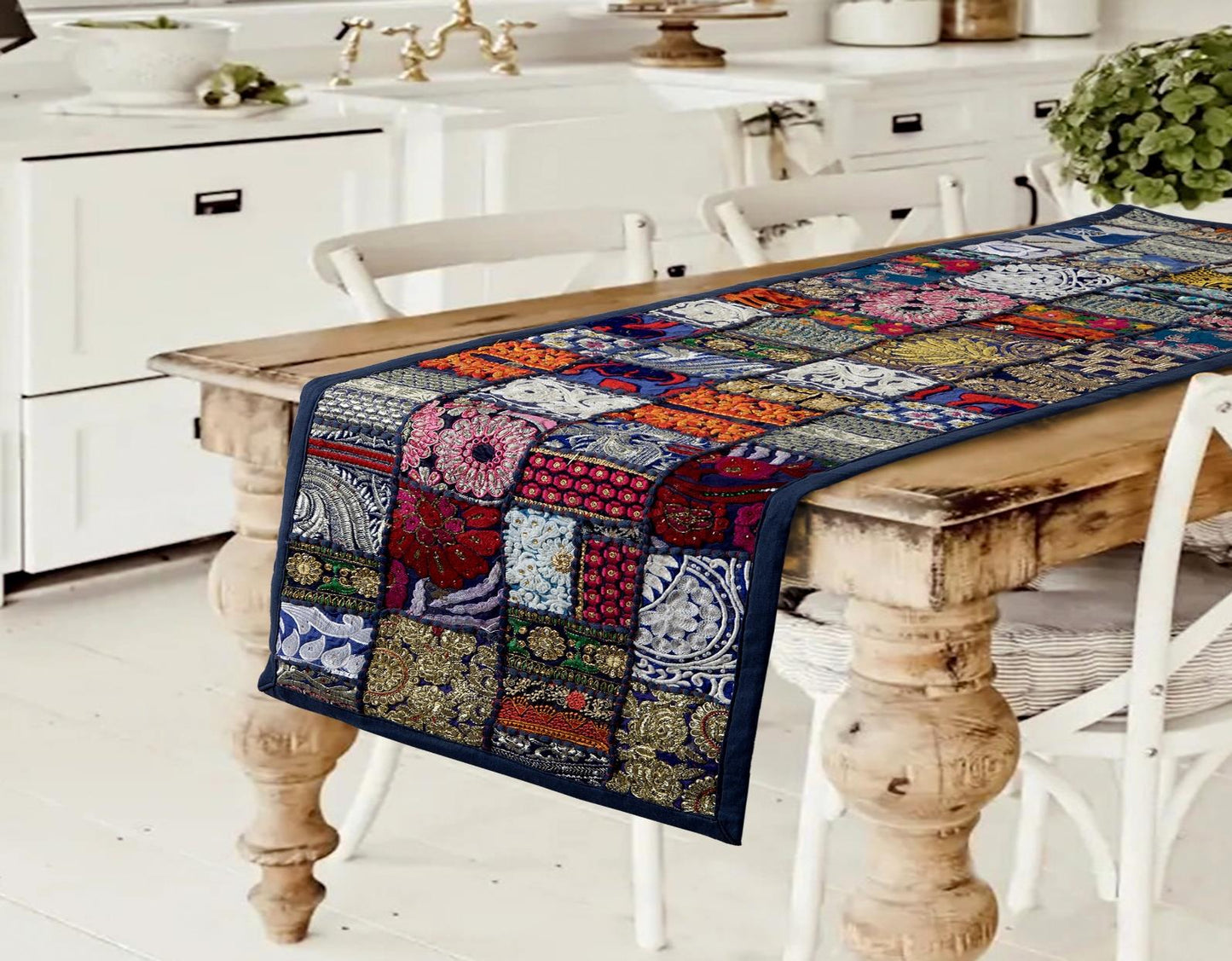Modern blue handcrafted patchwork table runner with rich contrasting textile art