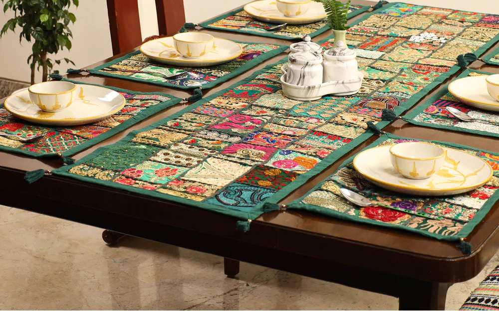 Earthy green handcrafted cotton patchwork table runner and placemats dinner set