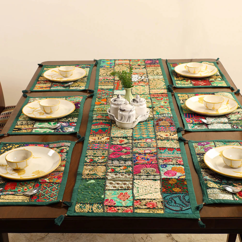 Earthy green handcrafted cotton patchwork table runner and placemats dinner set