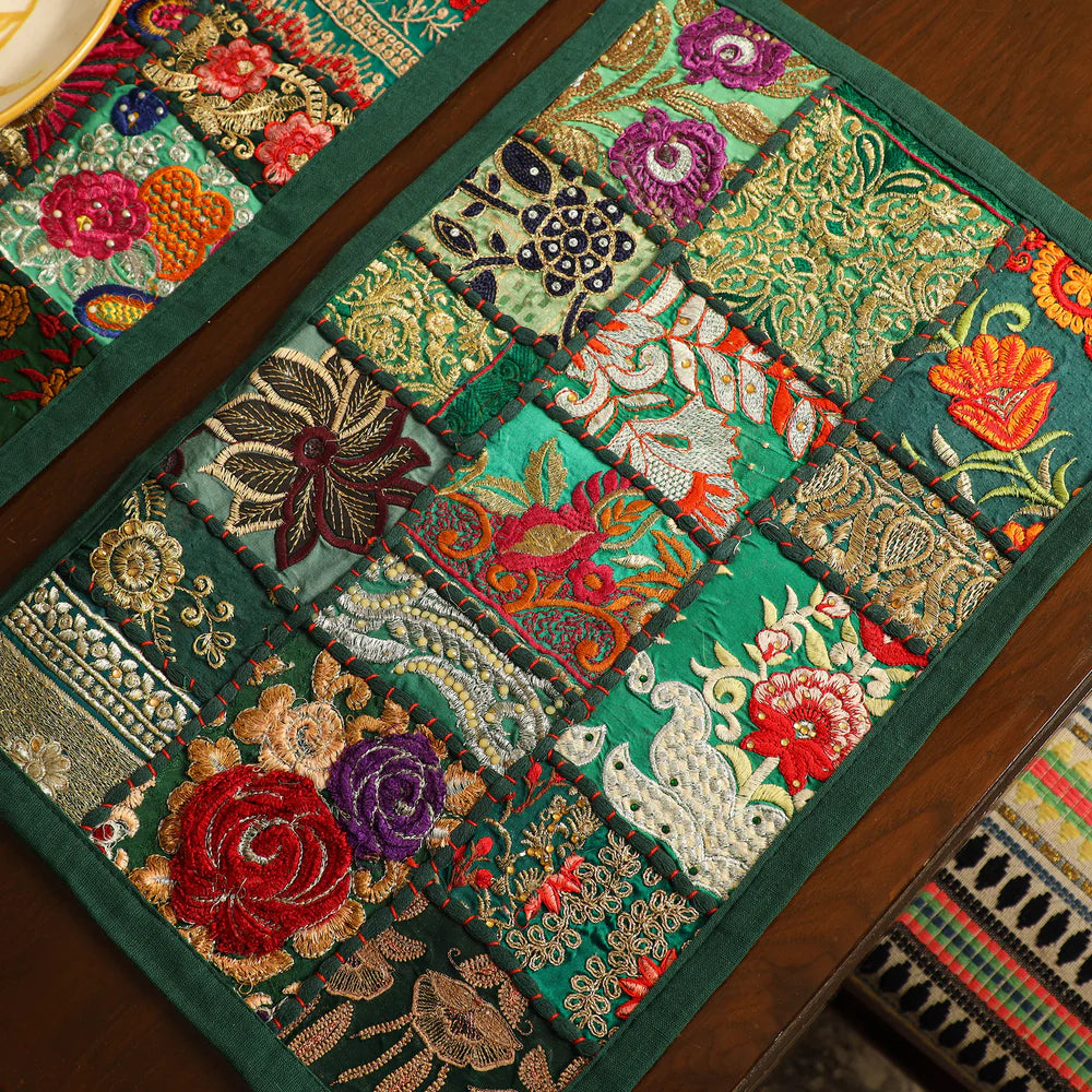 Earthy green handcrafted cotton patchwork table runner and placemats dinner set