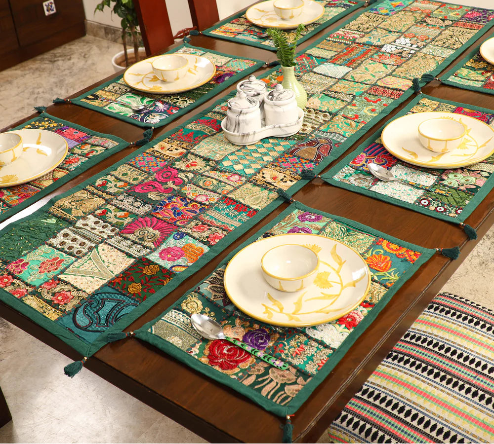 Earthy green handcrafted cotton patchwork table runner and placemats dinner set