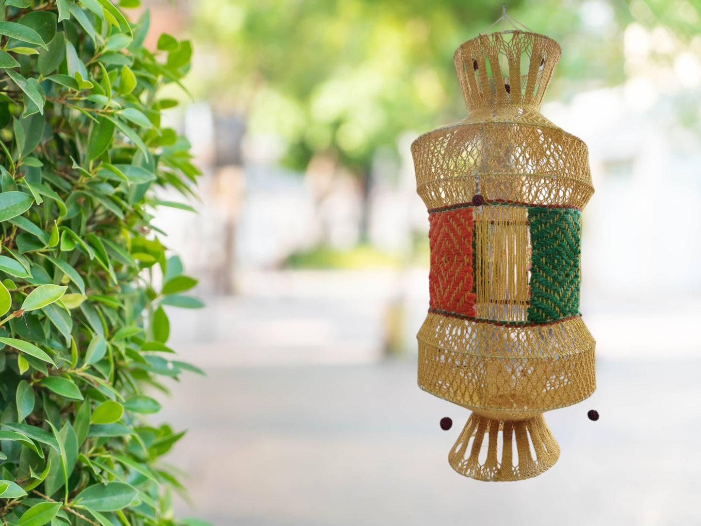 Earthy green handcrafted woolen lampshade for ambient outdoor lighting