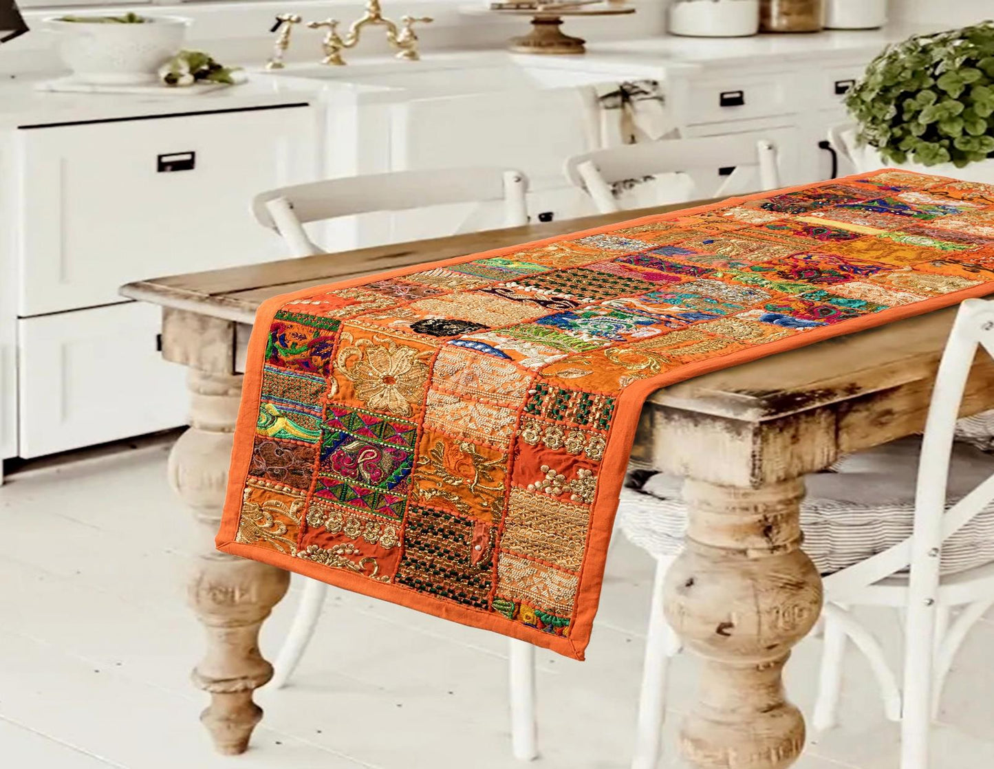 Vibrant festive orange handcrafted patchwork table runner for home decoration