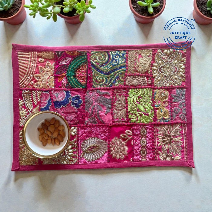 Handmade pink patchwork fabric placemats for traditional dining room decor