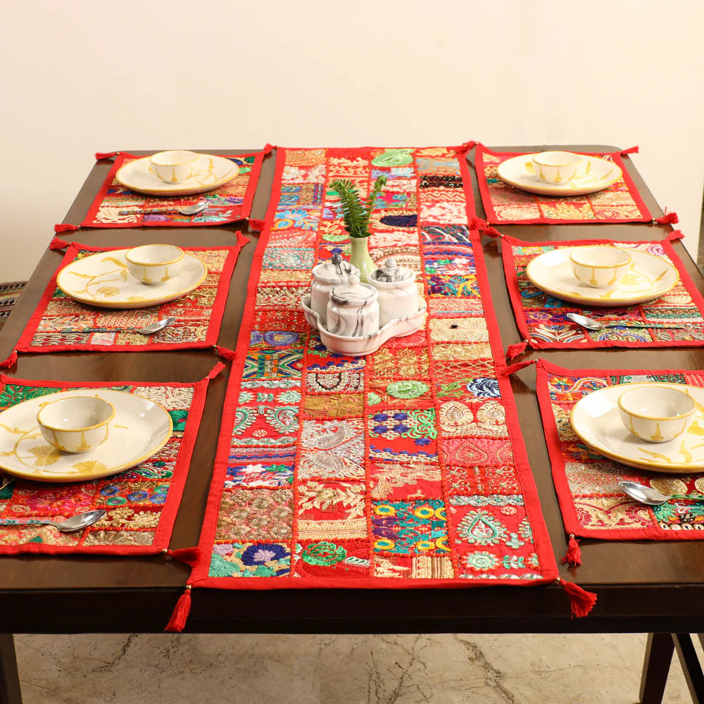 Festive red handcrafted patchwork dining tablescape set by Jutetique Kraft