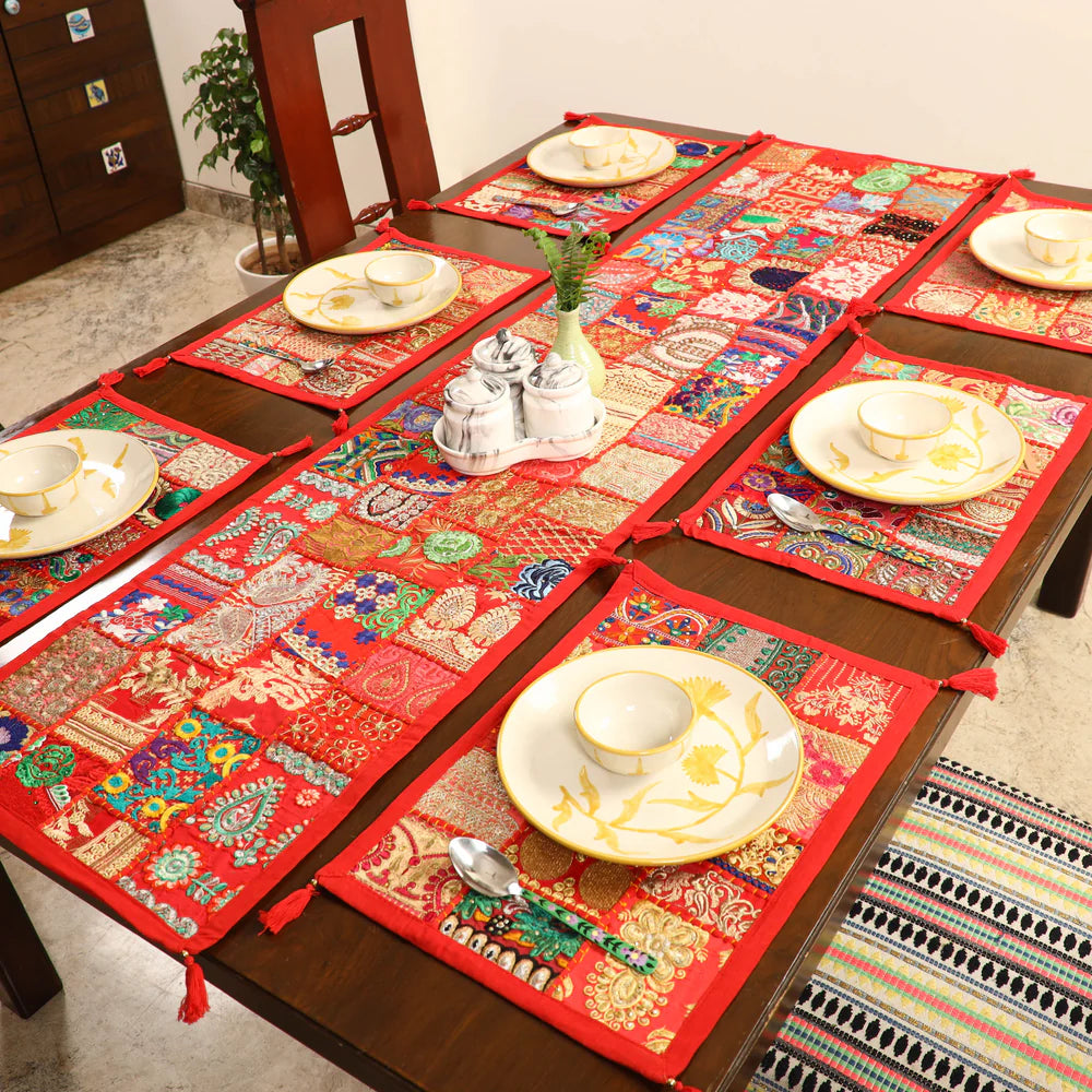 Festive red handcrafted patchwork dining tablescape set by Jutetique Kraft