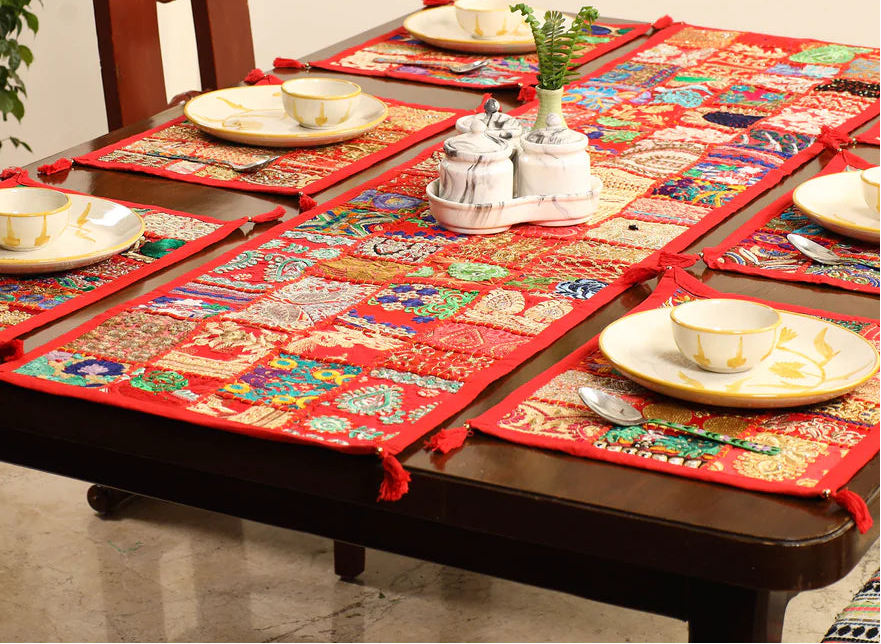 Festive red handcrafted patchwork dining tablescape set by Jutetique Kraft