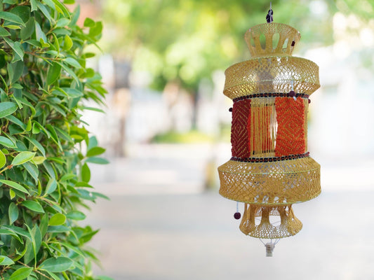 Vibrant festive red handwoven wool lamp shade hanging fixture