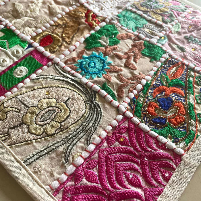 Elegant white and neutral tone bohemian patchwork cotton dining table mats