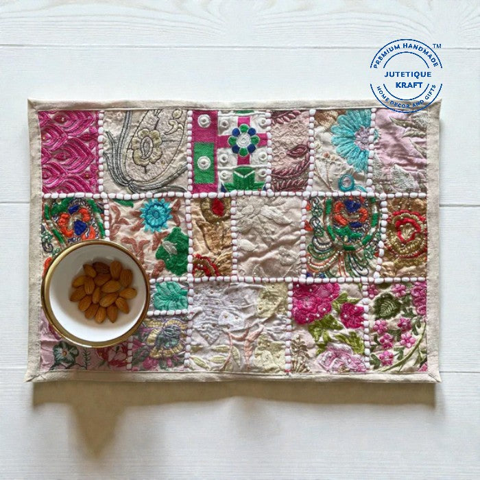 Elegant white and neutral tone bohemian patchwork cotton dining table mats