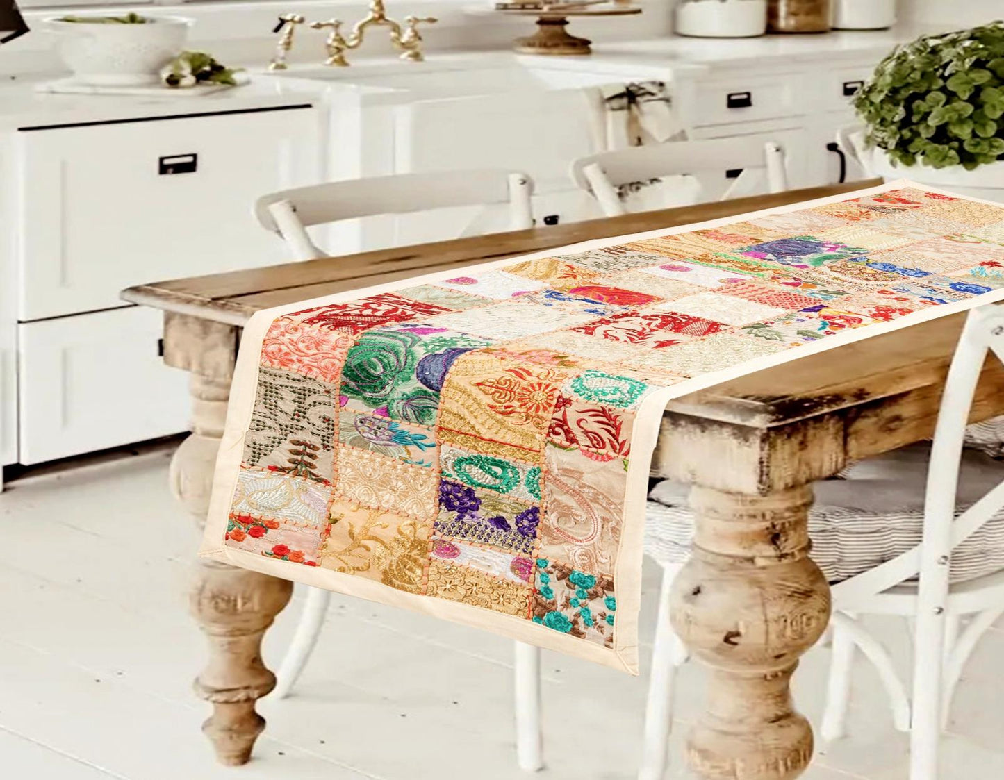 Elegant white and neutral tones handcrafted bohemian patchwork table runner