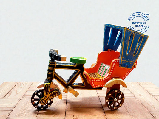 The Heritage Handcrafted Wooden Rickshaw Miniature in vibrant green and blue colors - Indian handmade home decor