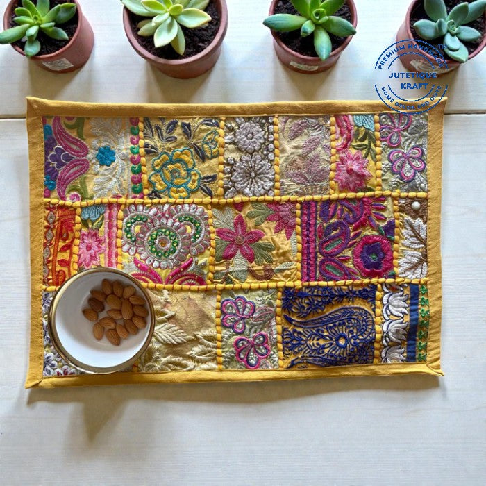 Vibrant yellow handcrafted patchwork placemats set of 6 by Jutetique Kraft