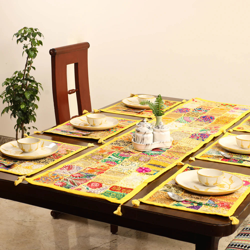 Vibrant yellow handcrafted patchwork table runner and dining mats set of 6