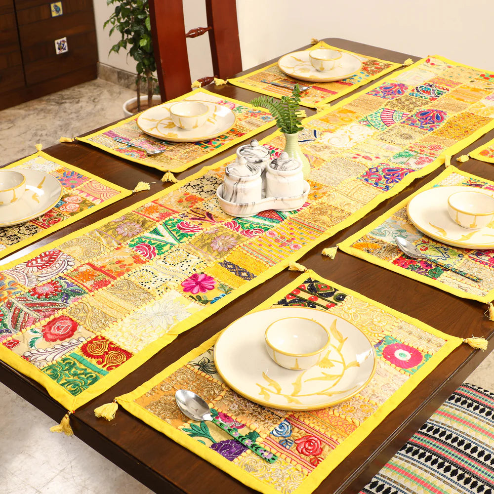 Vibrant yellow handcrafted patchwork table runner and dining mats set of 6