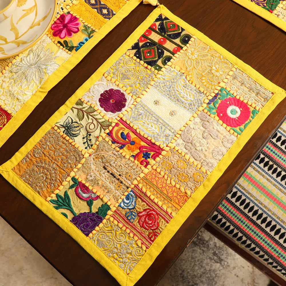 Vibrant yellow handcrafted patchwork table runner and dining mats set of 6