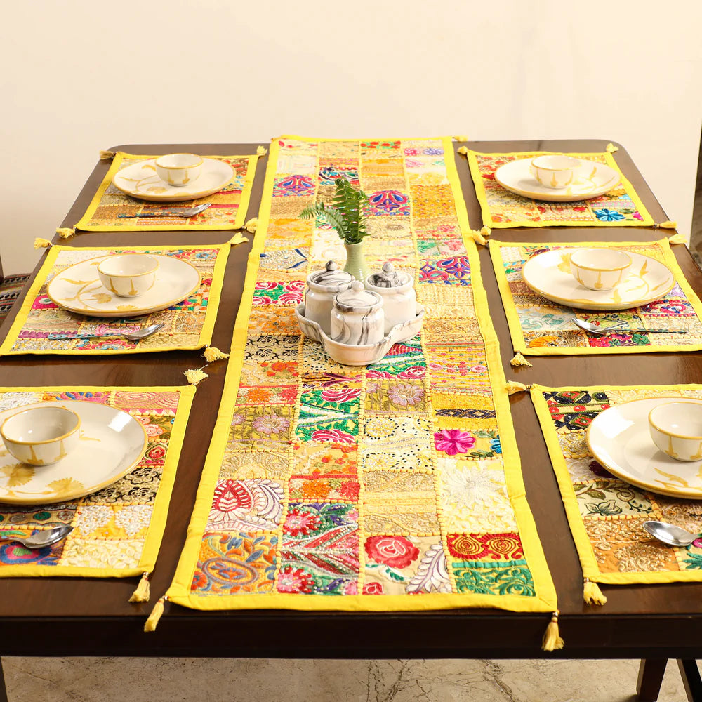 Vibrant yellow handcrafted patchwork table runner and dining mats set of 6