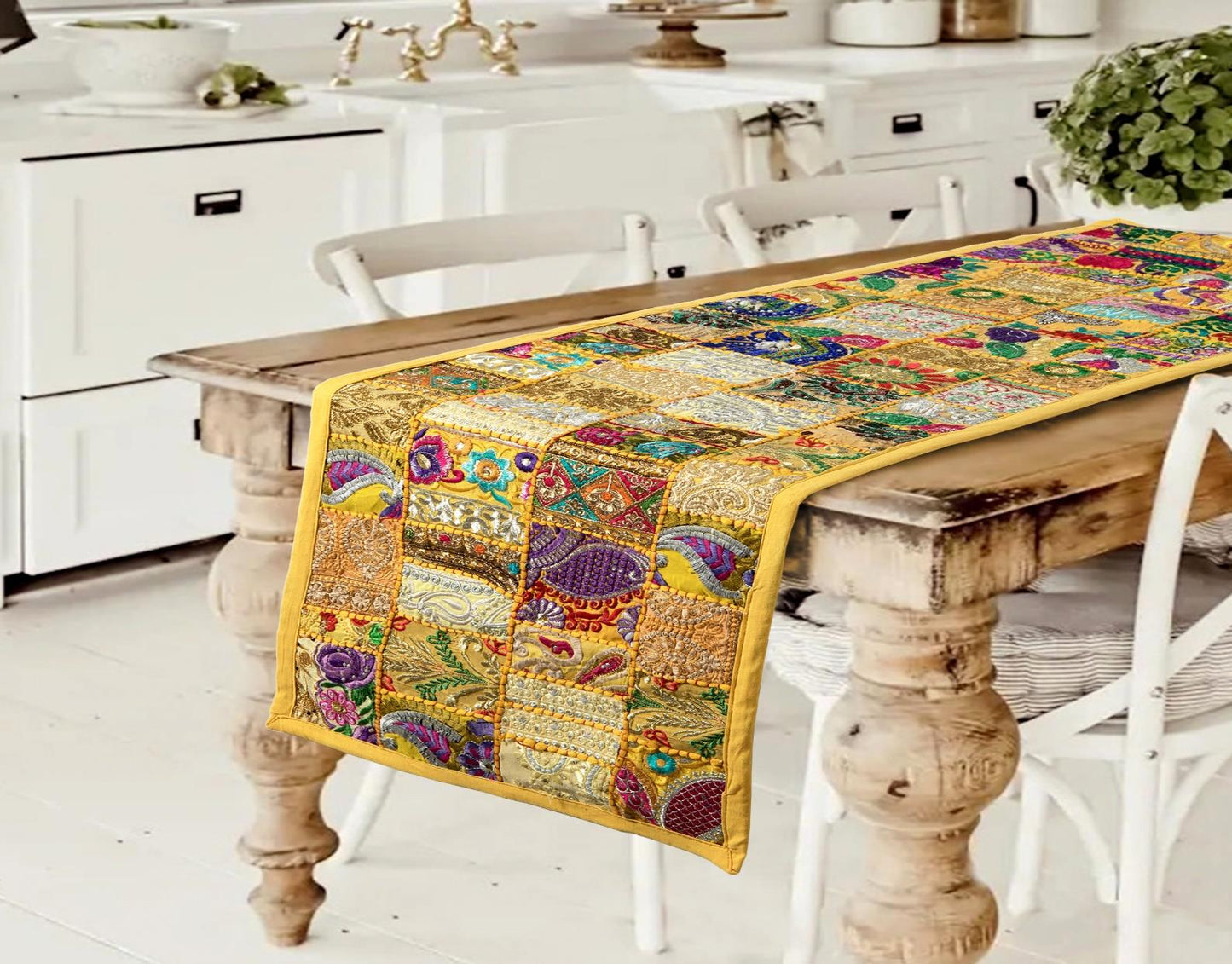 Bright yellow handcrafted patchwork table runner for rustic dining room decor