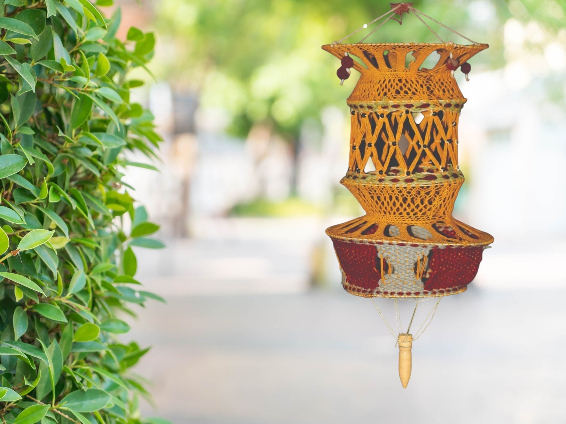 Warm yellow handcrafted woolen lampshade for cozy veranda lighting