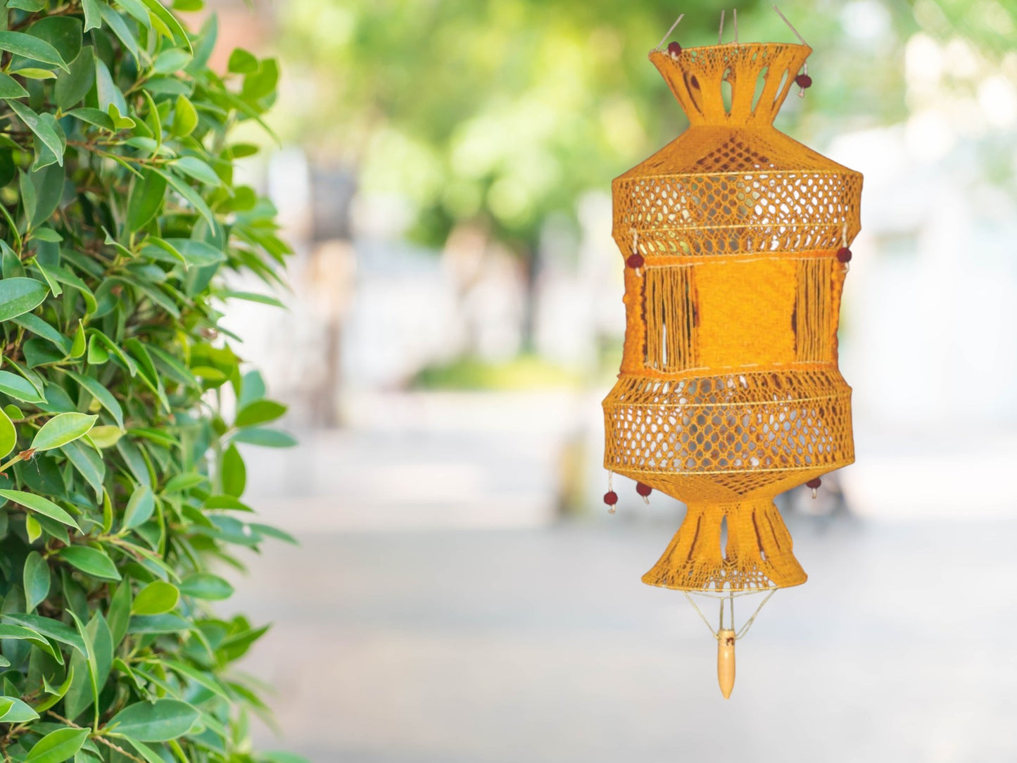 Warm yellow handcrafted woolen lampshade for cozy veranda lighting