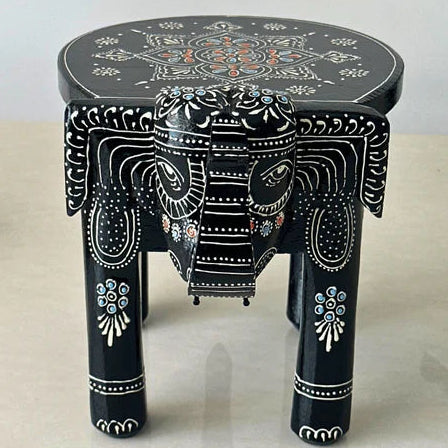 Handpainted black wooden elephant stool and traditional decorative pooja riser for home decor