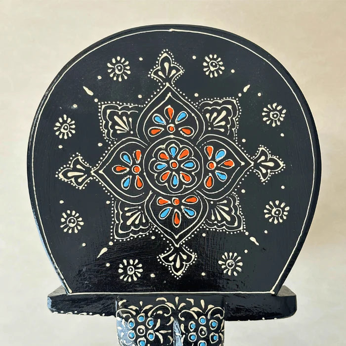 Handpainted black wooden elephant stool and traditional decorative pooja riser for home decor