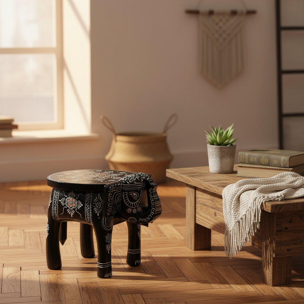 Handpainted black wooden elephant stool and traditional decorative pooja riser for home decor