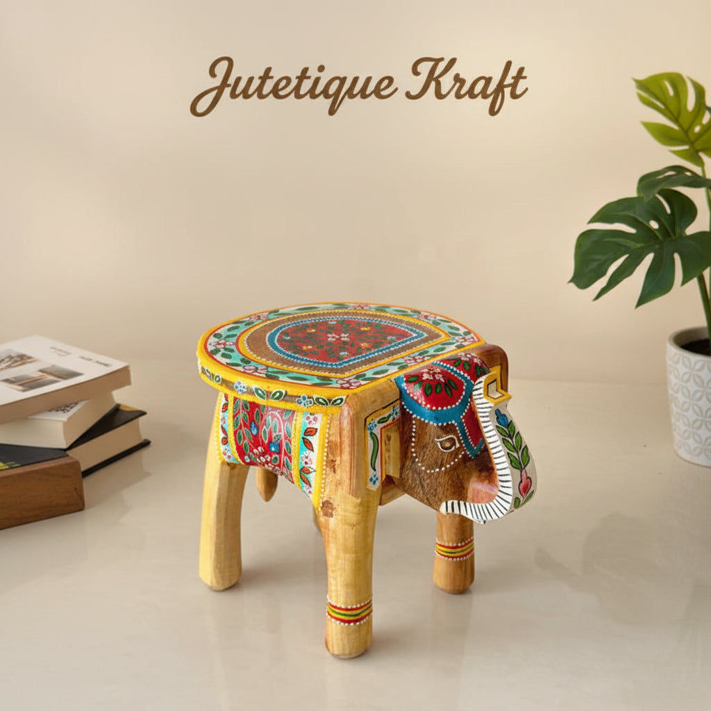 Handpainted natural mango wood elephant stool and decorative pooja riser by Jutetique Kraft