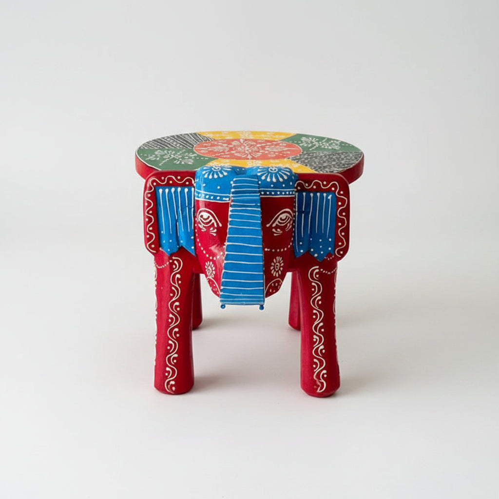 Handpainted red wooden elephant stool and decorative riser for home decor