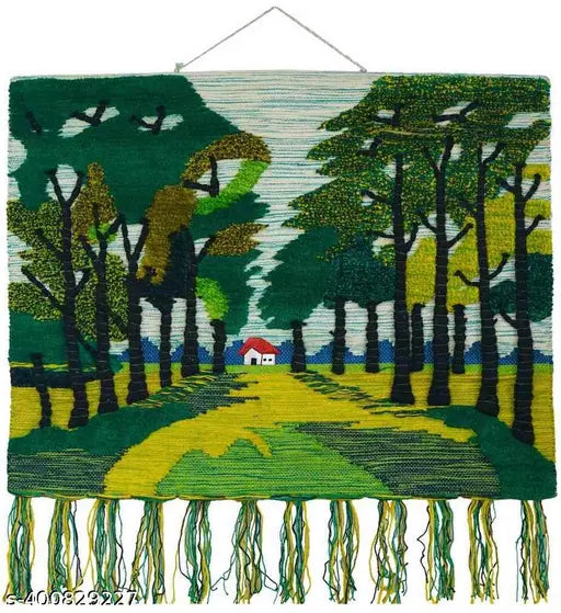 Detailed view of the woven wall art depicting a serene forest scene with trees and a small hut