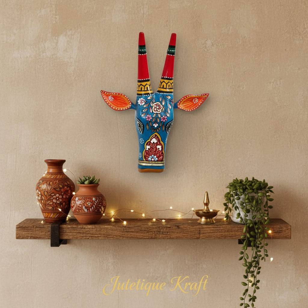 Hand-Painted Wooden Nandi Wall Decor – Vibrant Traditional Folk Art