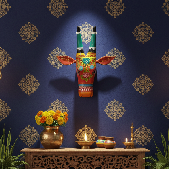 Hand-Painted Wooden Nandi Wall Decor – Vibrant Traditional Folk Art