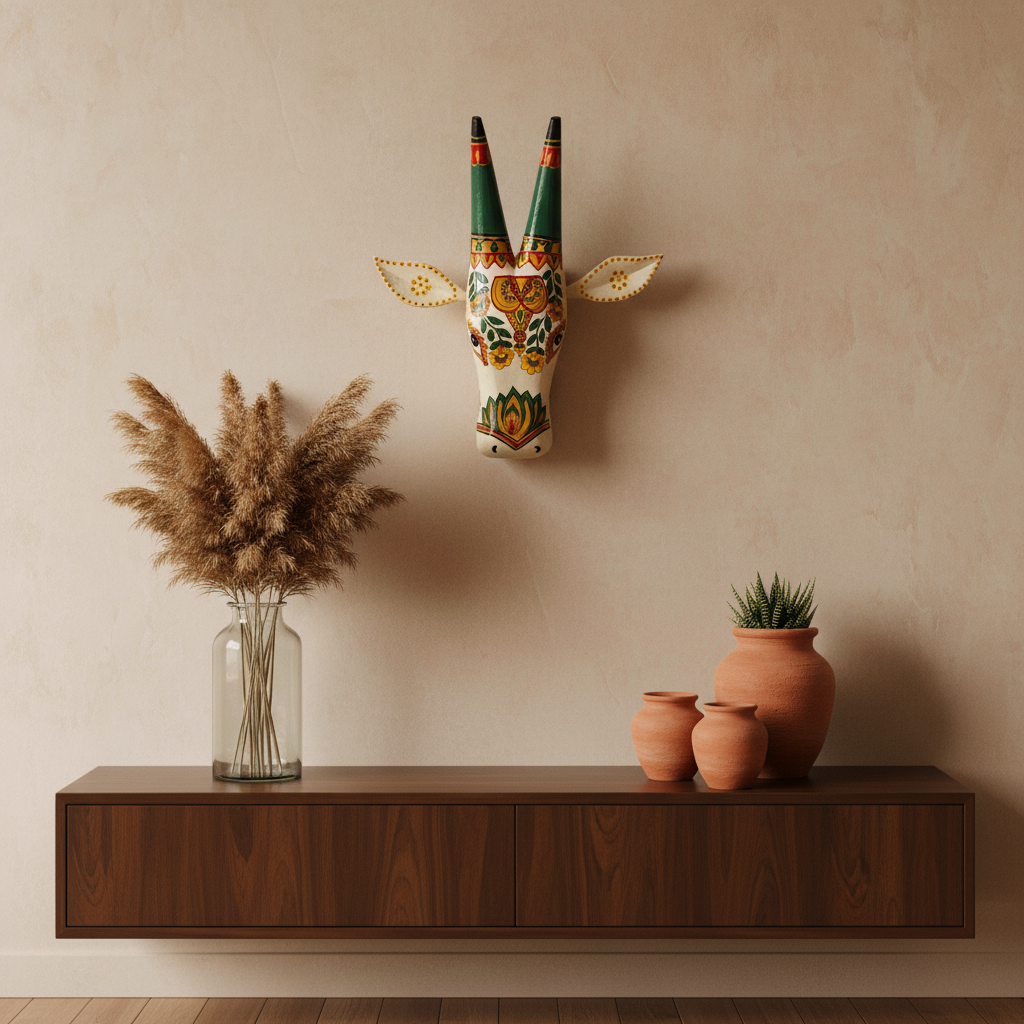 Hand-Painted Wooden Nandi Wall Decor – Vibrant Traditional Folk Art