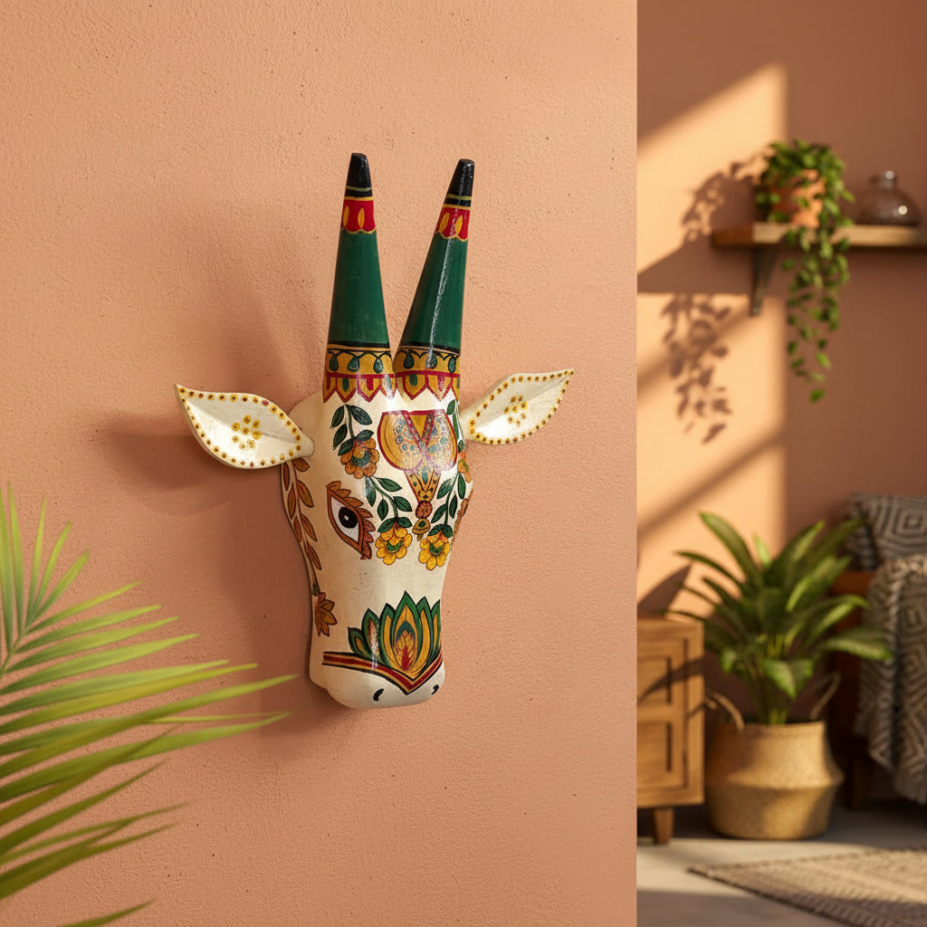 Hand-painted white wooden cow head wall decor featuring traditional Indian floral patterns and colorful horns.