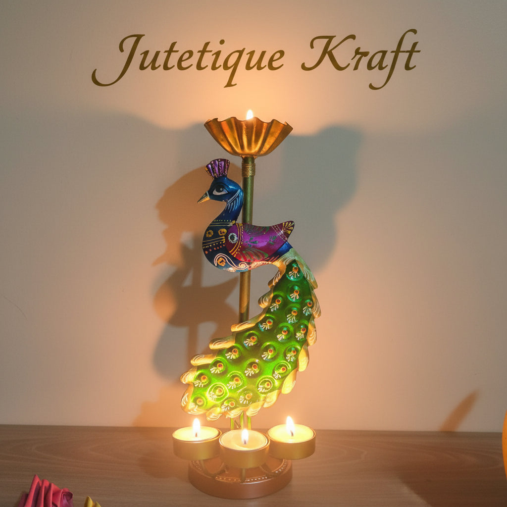 The Majestic Glow handcrafted peacock candle holder by Jutetique Kraft styled as a luxury home decor centerpiece.