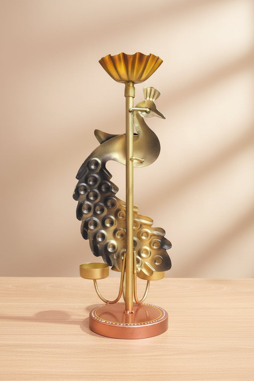 The Majestic Glow handcrafted peacock candle holder by Jutetique Kraft styled as a luxury home decor centerpiece.