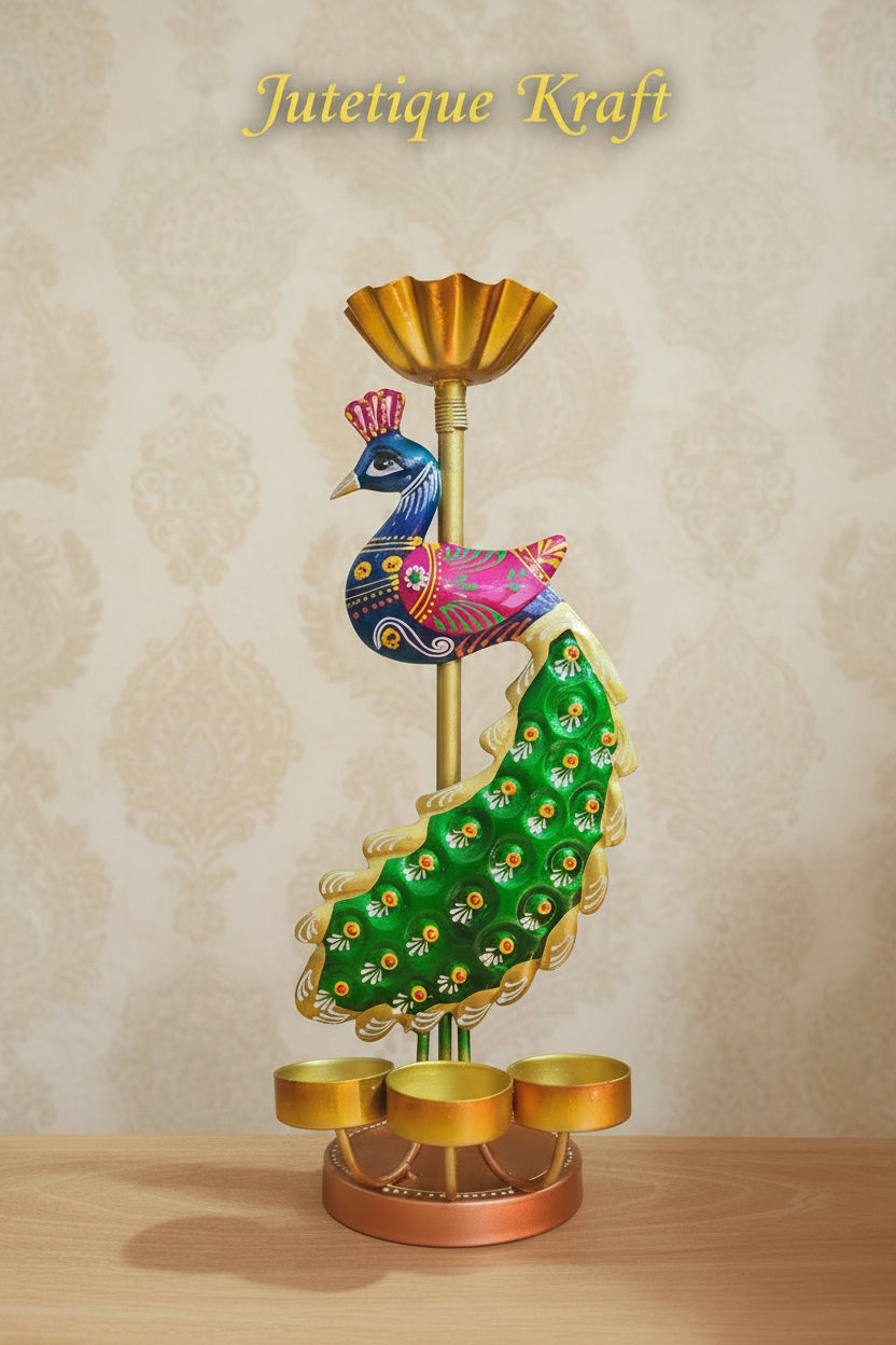 Handcrafted metal peacock candle stand featuring intricate detailing on a wooden side table with lit candles.