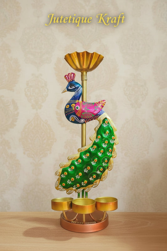 Handcrafted metal peacock candle stand featuring intricate detailing on a wooden side table with lit candles.