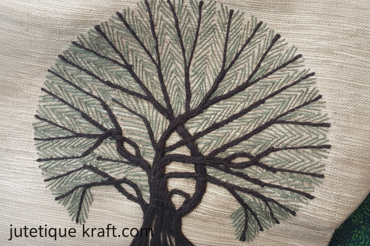 Detailed close-up shot showcasing the thick organic natural jute fiber texture and detailed branch weave of the Tree of Life wall hanging.