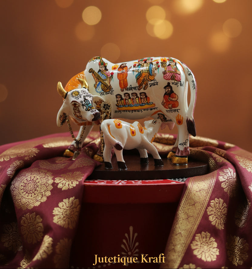 4 inch hand-painted polyresin Kamdhenu cow and calf statue on a wooden base by Jutetique Kraft