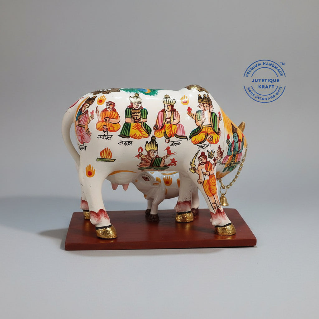 8 inch traditional decorative Kamdhenu cow figurine with colorful patterns on a wooden base