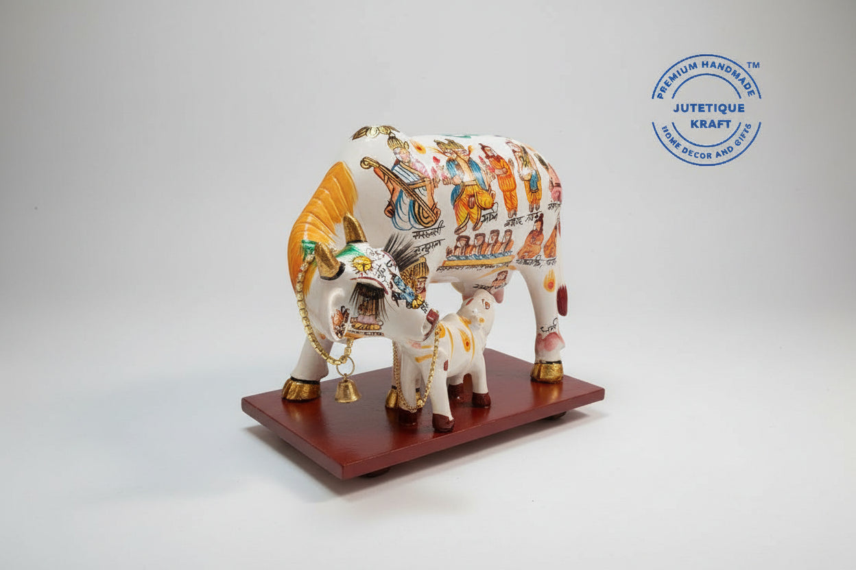 8 inch traditional decorative Kamdhenu cow figurine with colorful patterns on a wooden base