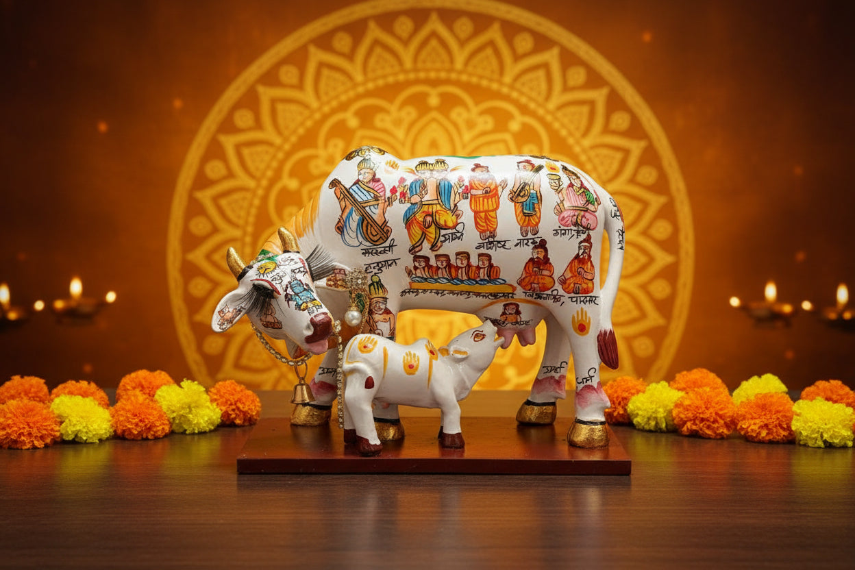 8 inch miniature hand-painted Kamdhenu cow and calf spiritual statue for home altar decor