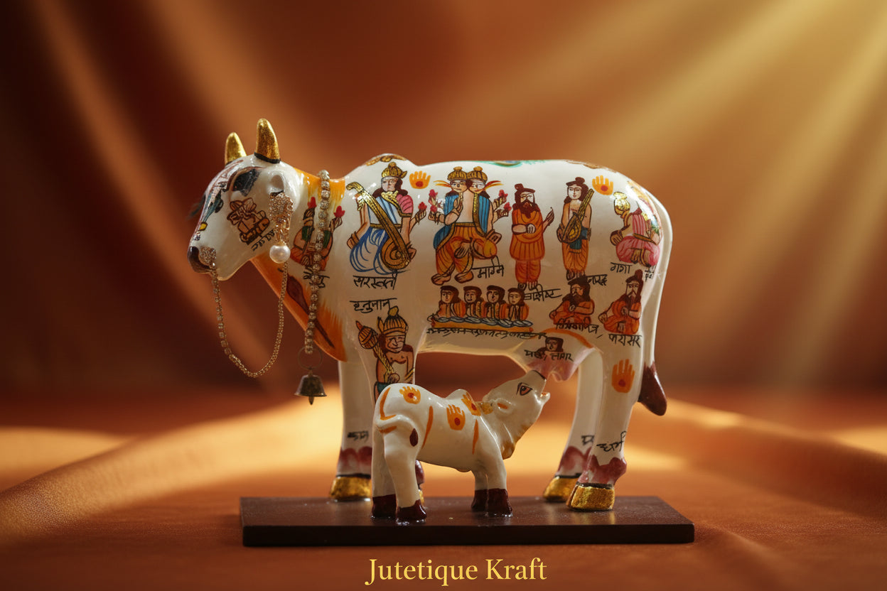 8 inch traditional decorative Kamdhenu cow figurine with colorful patterns on a wooden base